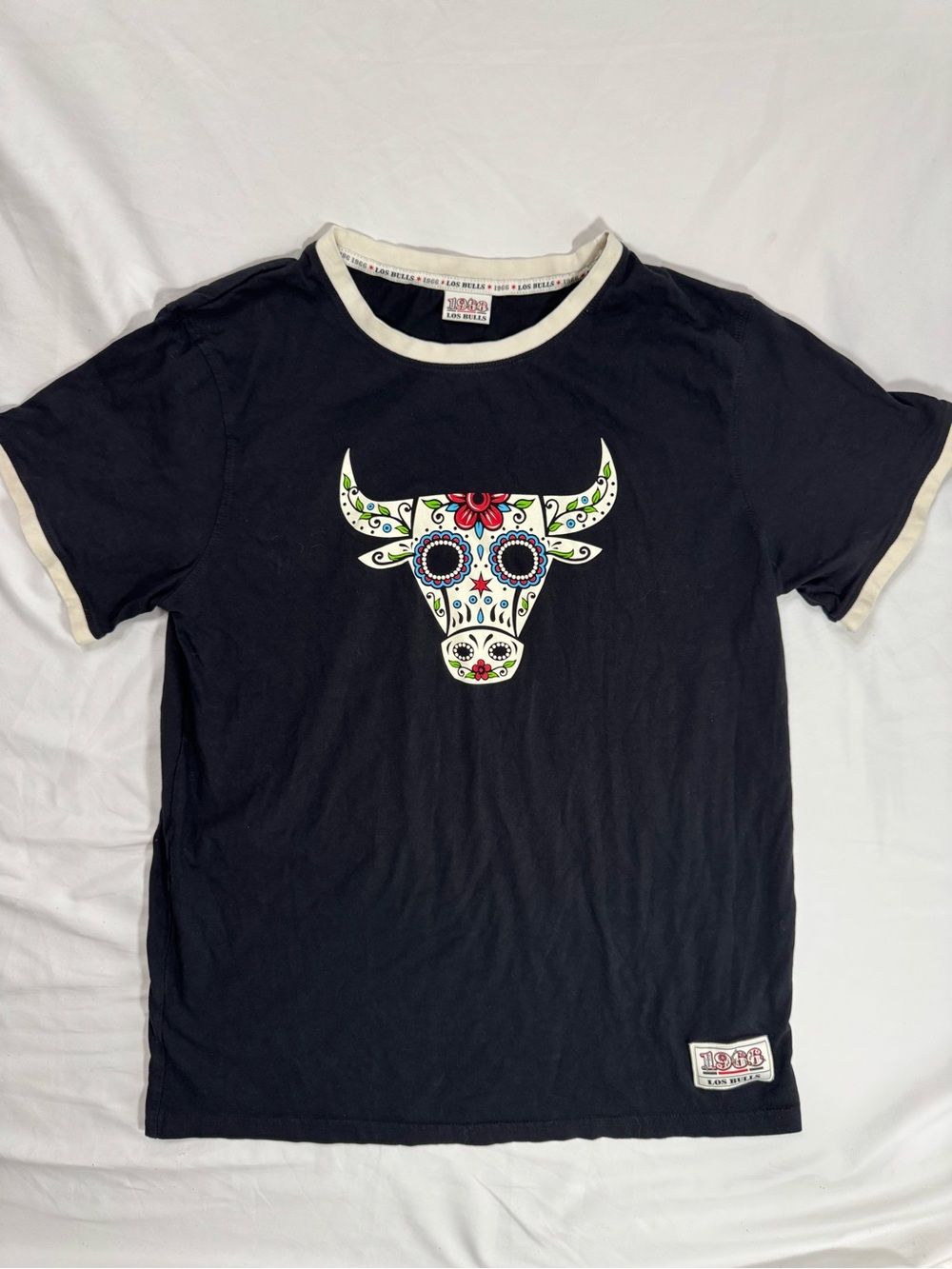 Chicago Bulls Black Ringer Tee with Decorative Candy Bull Skull Graphic 1966 tee